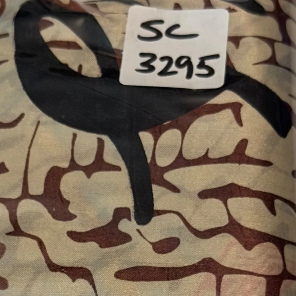 100% Silk Calligraphy Print Scarf Tan Brown Black Red Tassel Fringe Rectangular